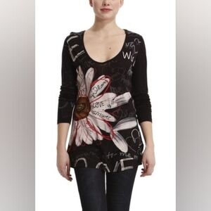 DESIGUAL Long Sleeve Women Top Shirt No Size (Small) Black Floral Pattern